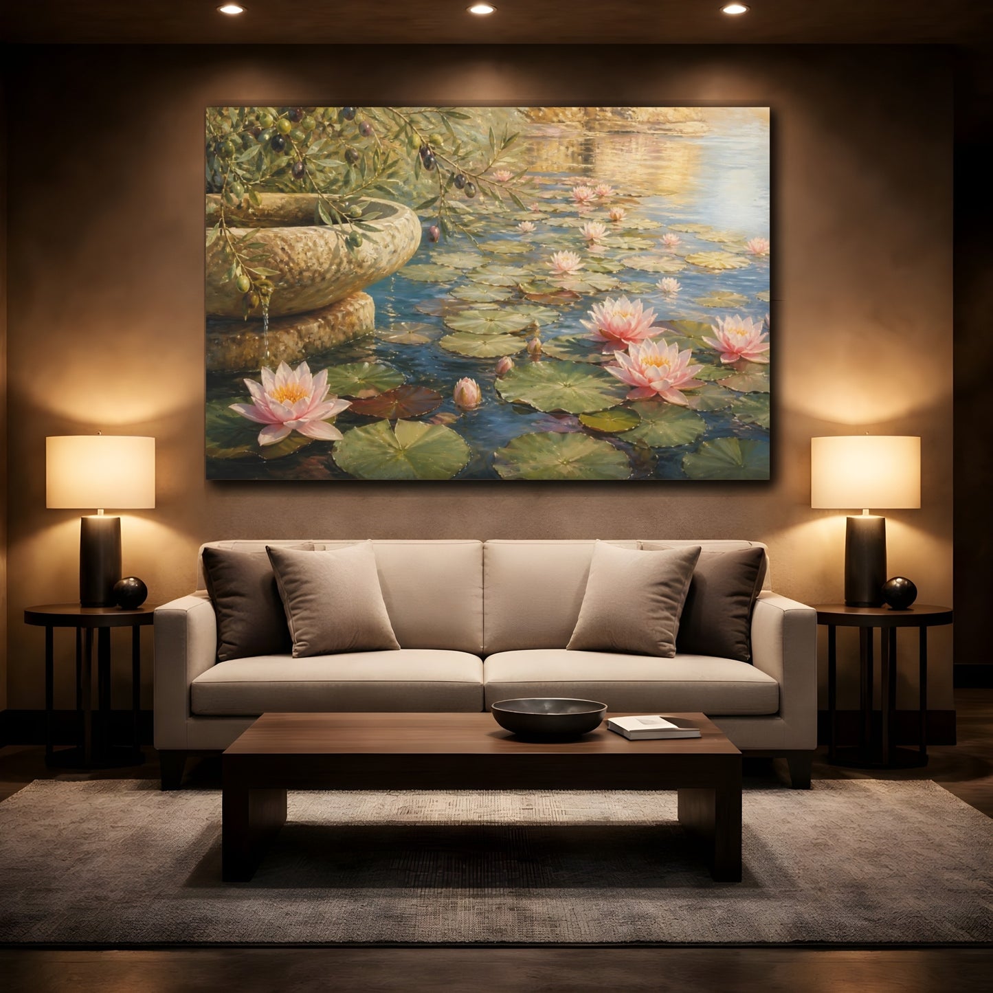 Mockup 2. Nature Water Lilies Pink Water Lilies shown as stretched canvas wall art