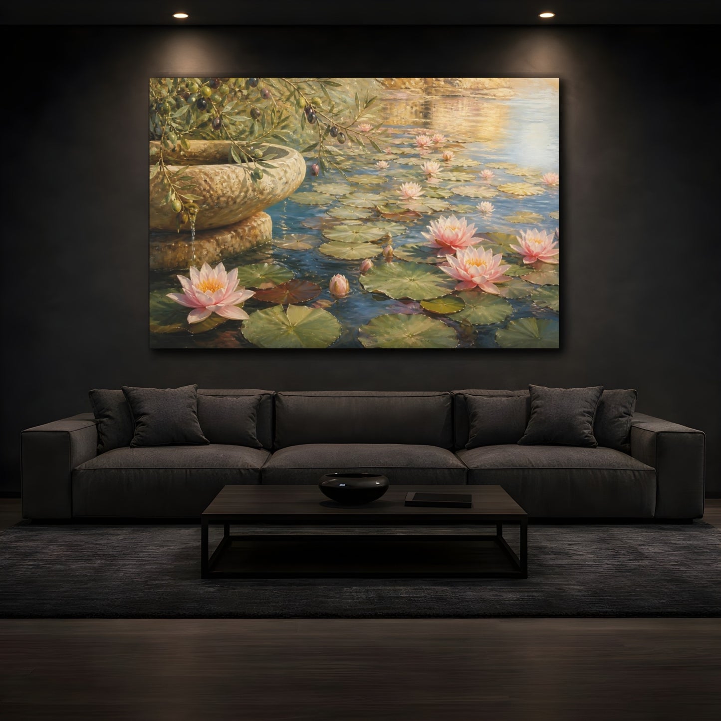 Mockup 3. Nature Water Lilies Pink Water Lilies shown as stretched canvas wall art