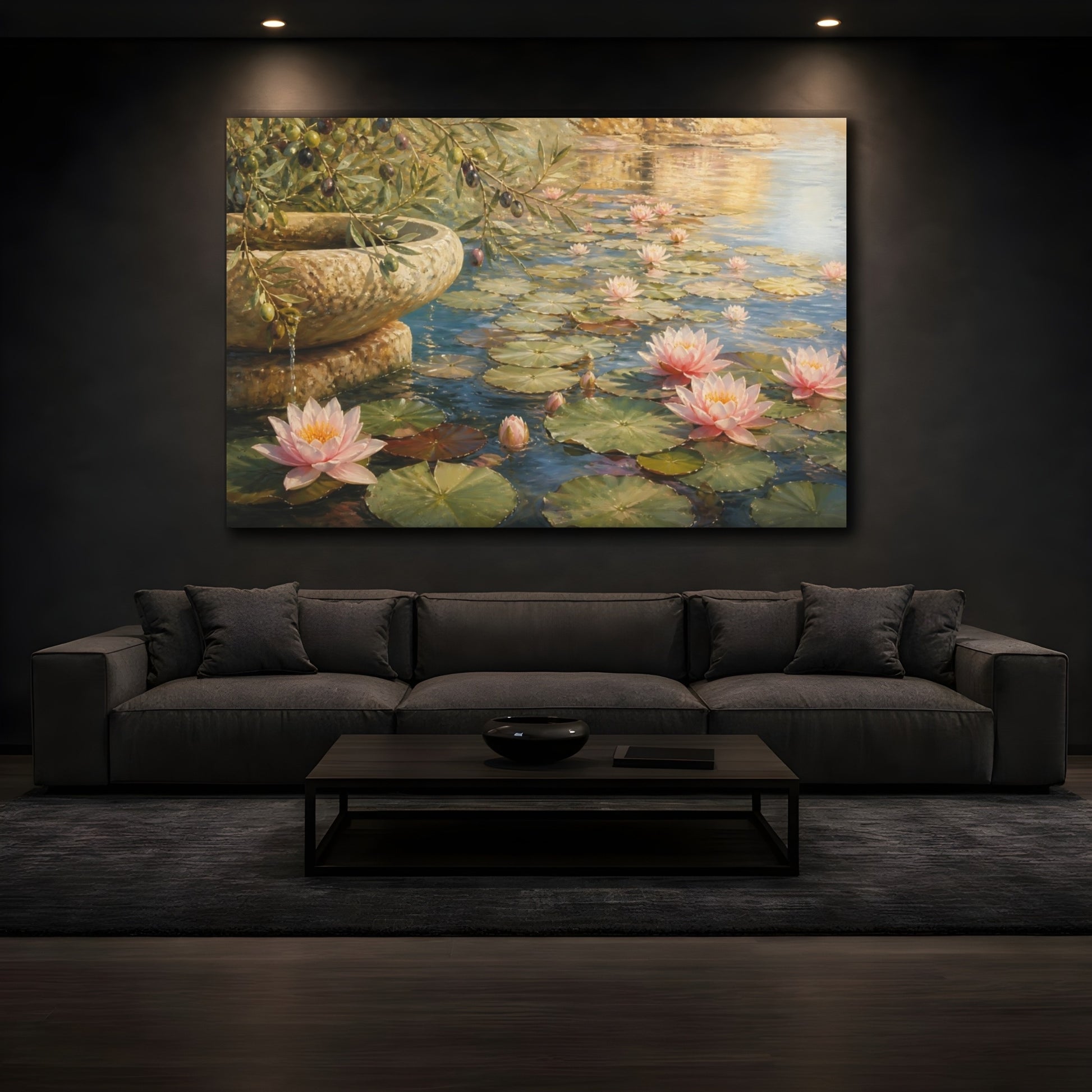 Mockup 3. Nature Water Lilies Pink Water Lilies shown as stretched canvas wall art