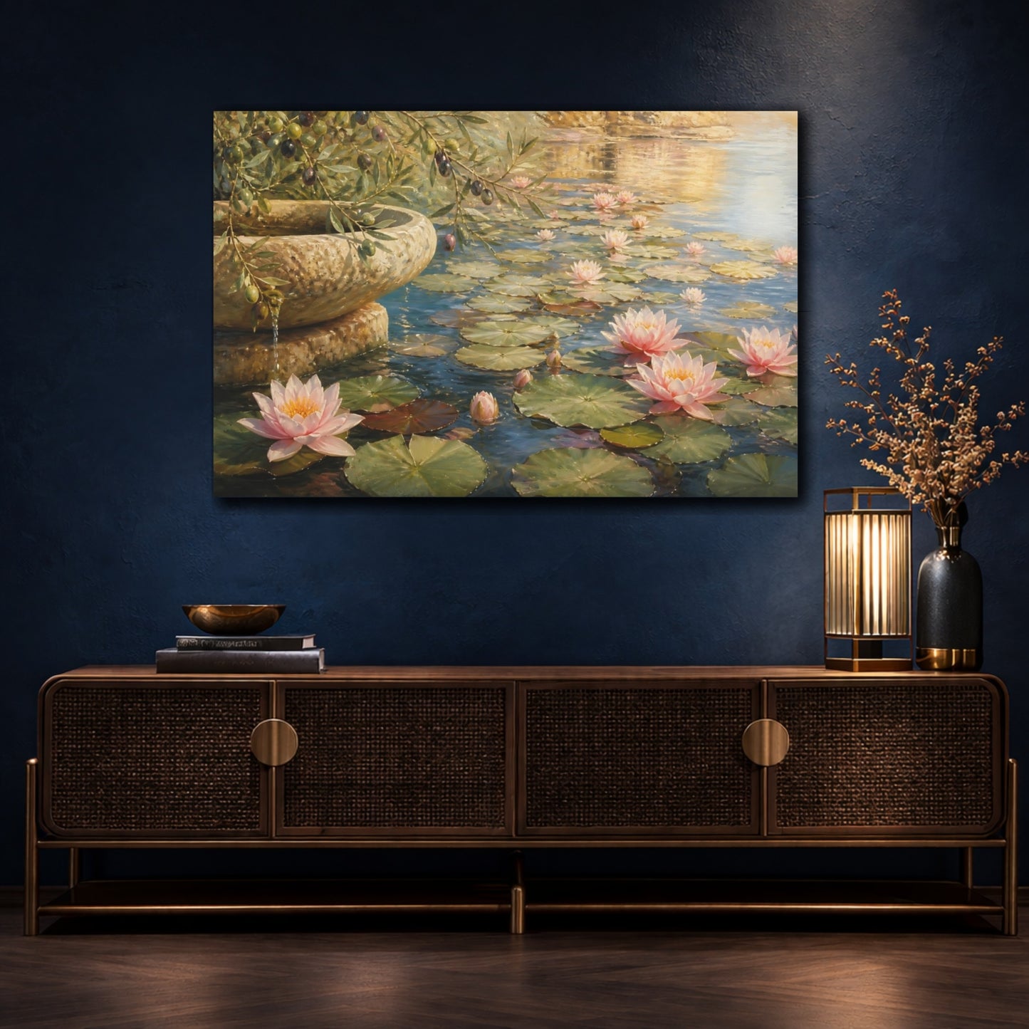 Mockup 4. Nature Water Lilies Pink Water Lilies shown as stretched canvas wall art