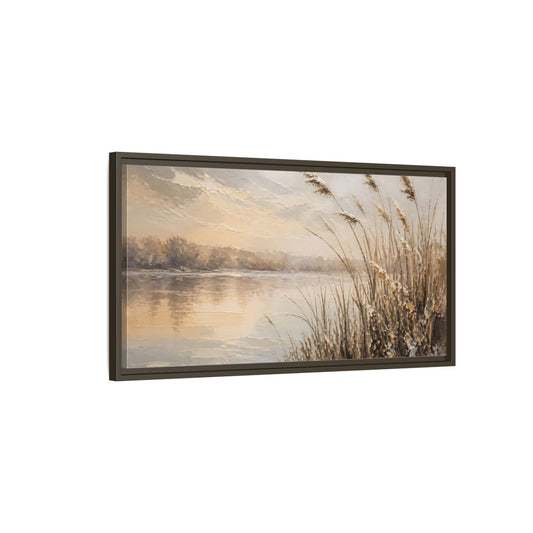 Main Mockup. Nature Water Reeds Brown And Beige shown as stretched canvas wall art