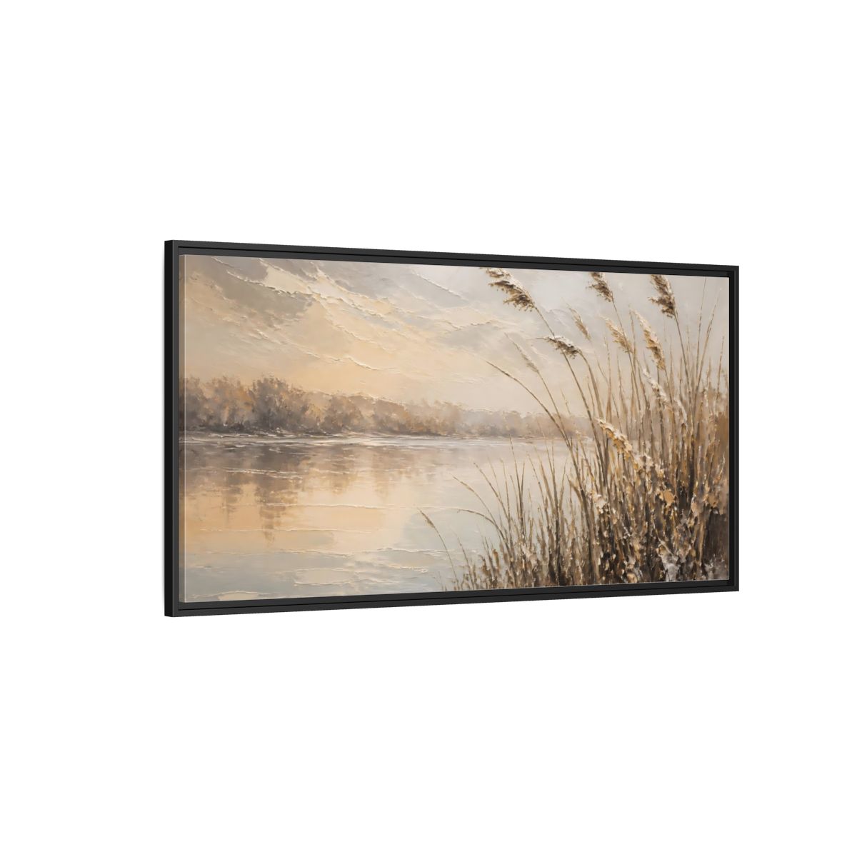 Side Mockup 5. Nature Water Reeds Brown And Beige shown as stretched canvas wall art