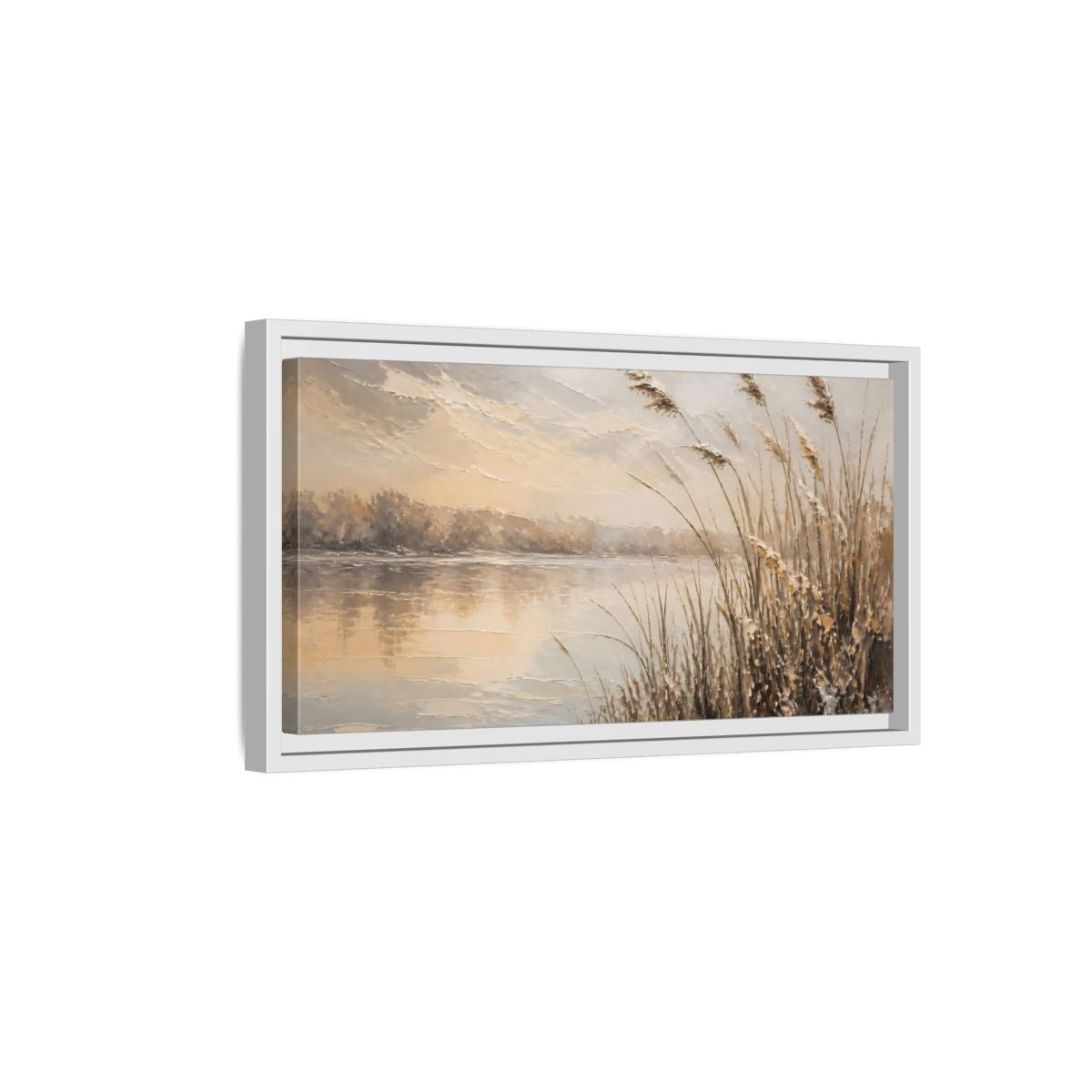 Side Mockup 6. Nature Water Reeds Brown And Beige shown as stretched canvas wall art