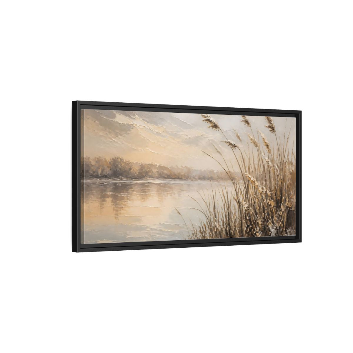 Side Mockup 2. Nature Water Reeds Brown And Beige shown as stretched canvas wall art