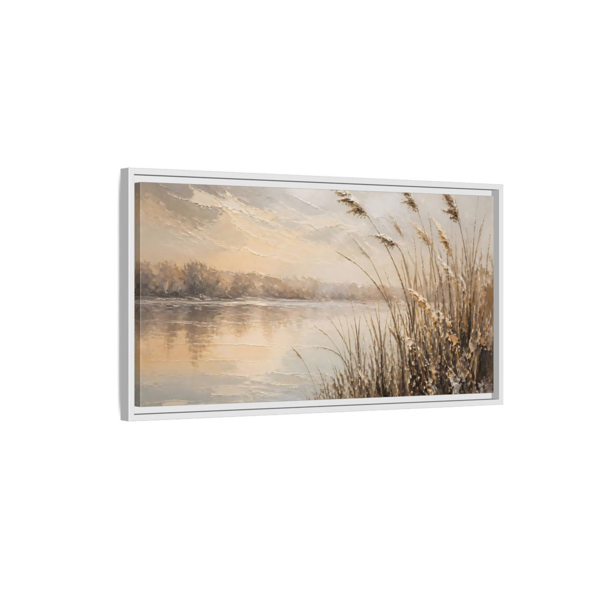 Side Mockup 1. Nature Water Reeds Brown And Beige shown as stretched canvas wall art