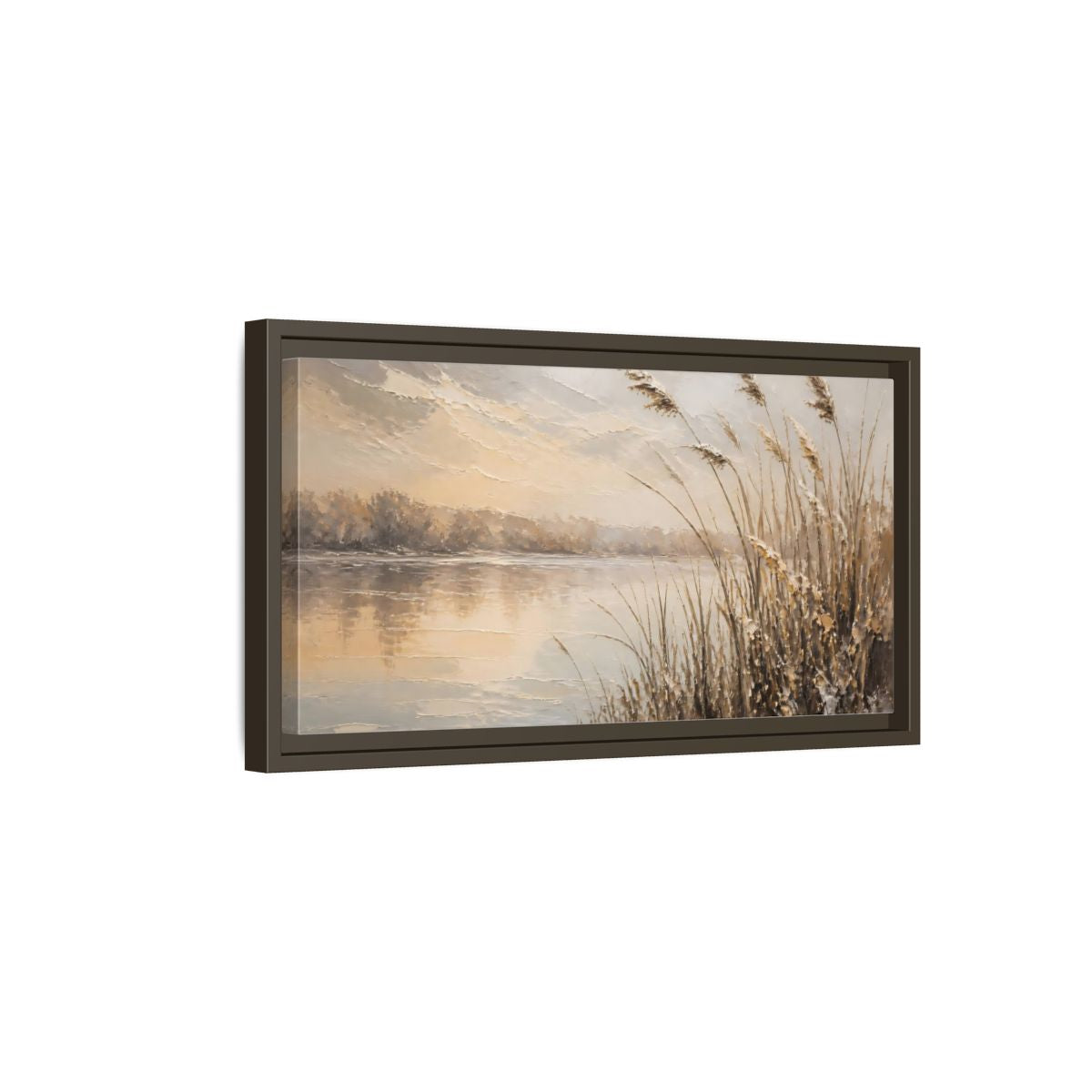 Side Mockup 7. Nature Water Reeds Brown And Beige shown as stretched canvas wall art