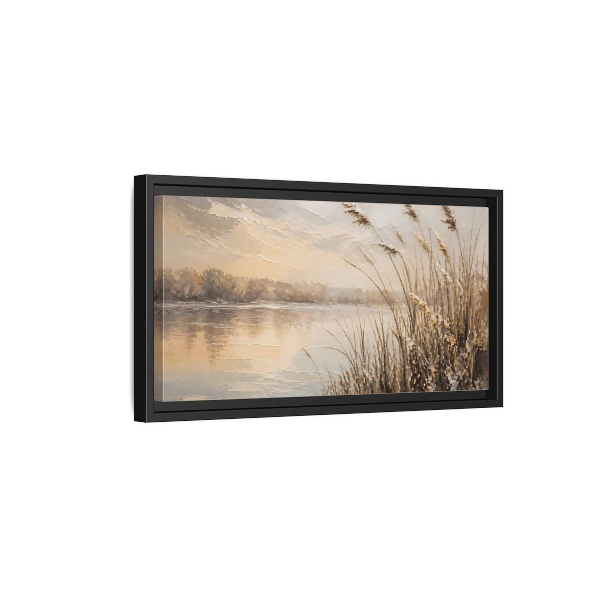 Side Mockup 8. Nature Water Reeds Brown And Beige shown as stretched canvas wall art