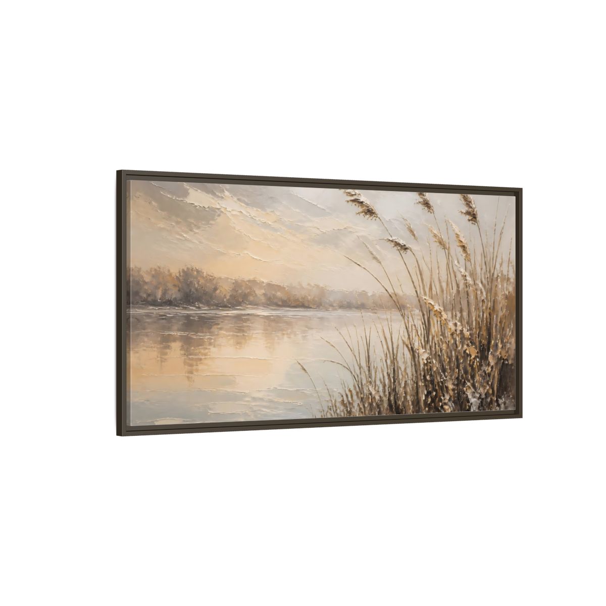Side Mockup 4. Nature Water Reeds Brown And Beige shown as stretched canvas wall art