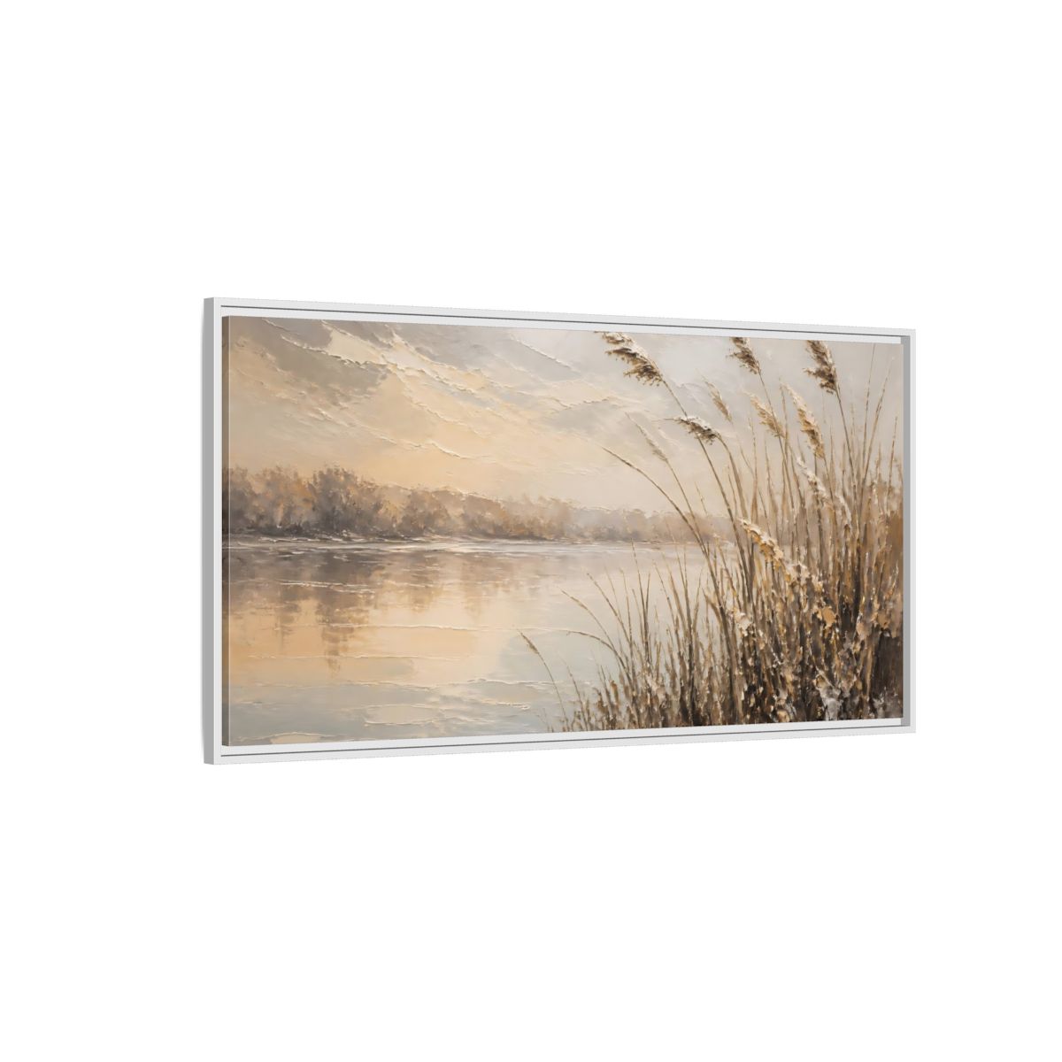 Side Mockup 3. Nature Water Reeds Brown And Beige shown as stretched canvas wall art