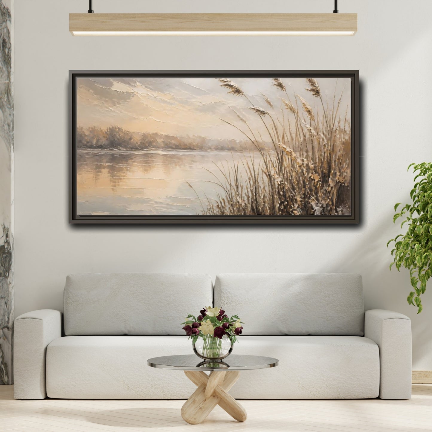 Mockup 2. Nature Water Reeds Brown And Beige shown as stretched canvas wall art