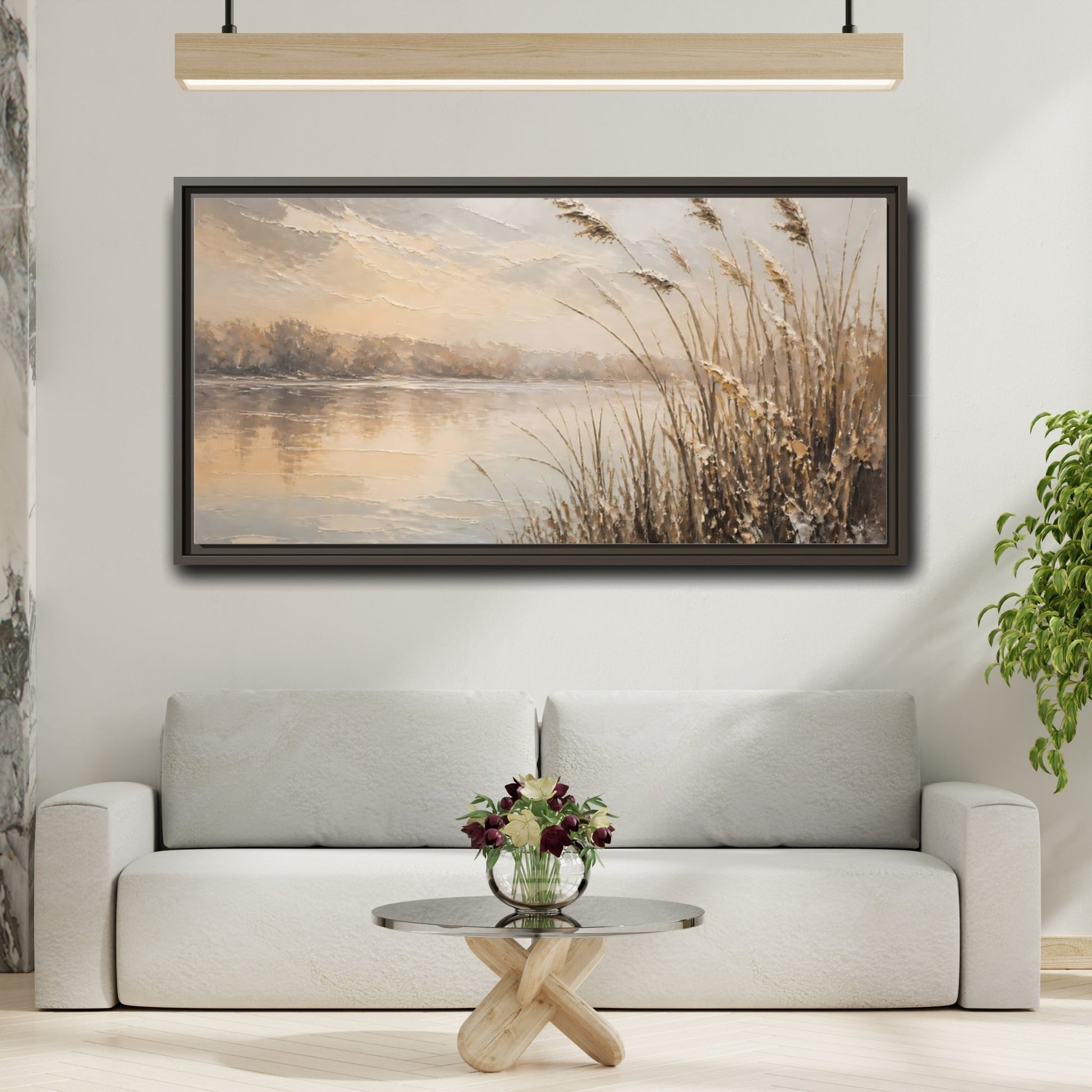 Mockup 2. Nature Water Reeds Brown And Beige shown as stretched canvas wall art