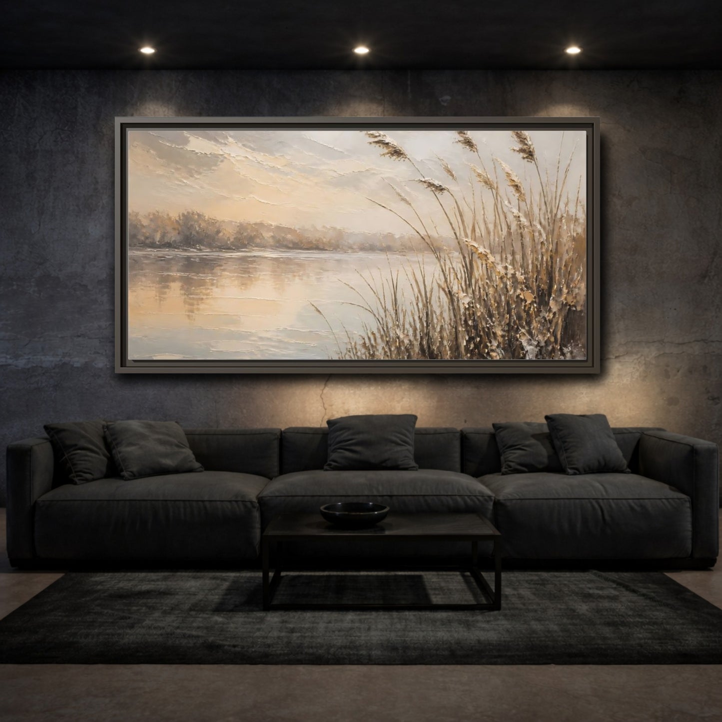 Mockup 3. Nature Water Reeds Brown And Beige shown as stretched canvas wall art