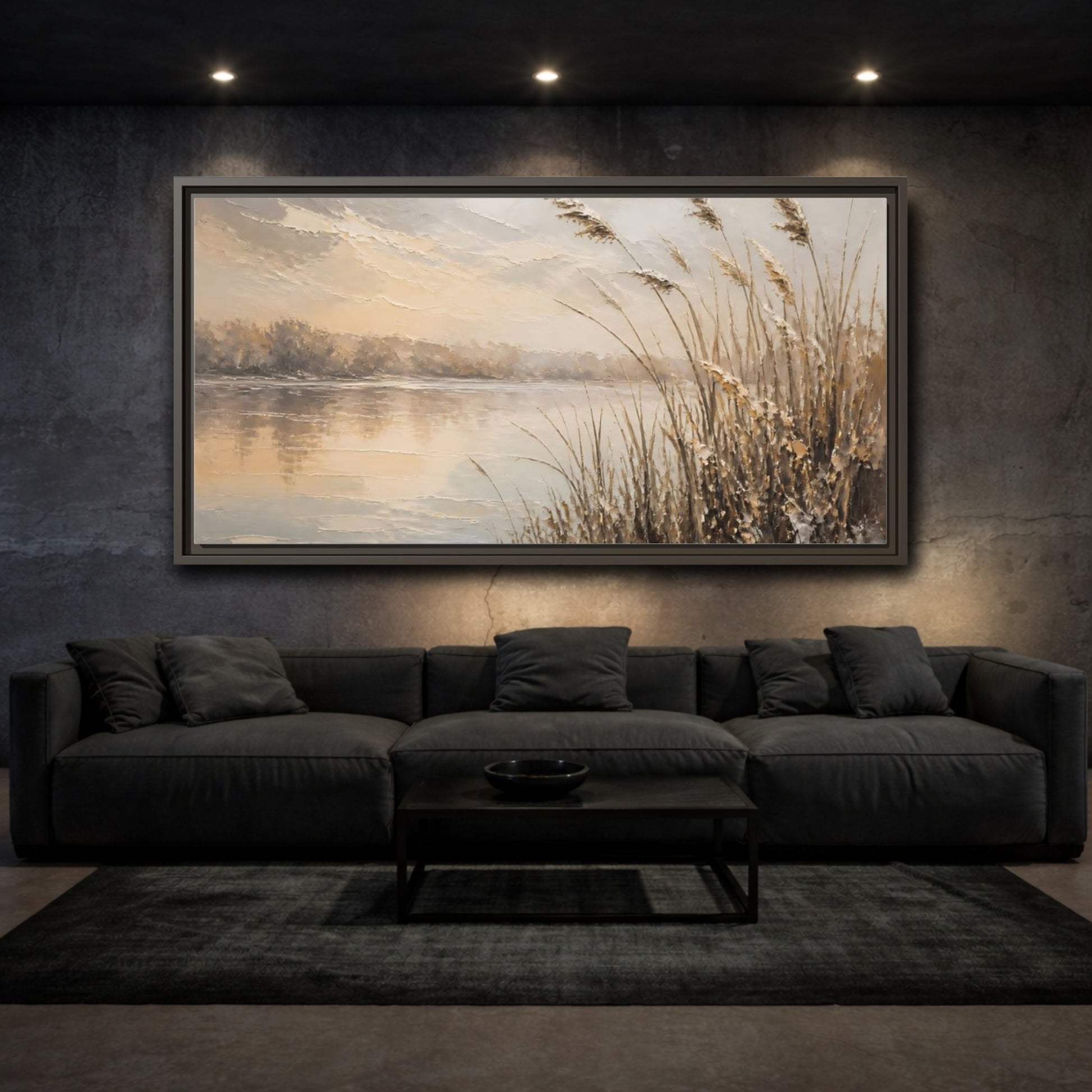Mockup 3. Nature Water Reeds Brown And Beige shown as stretched canvas wall art