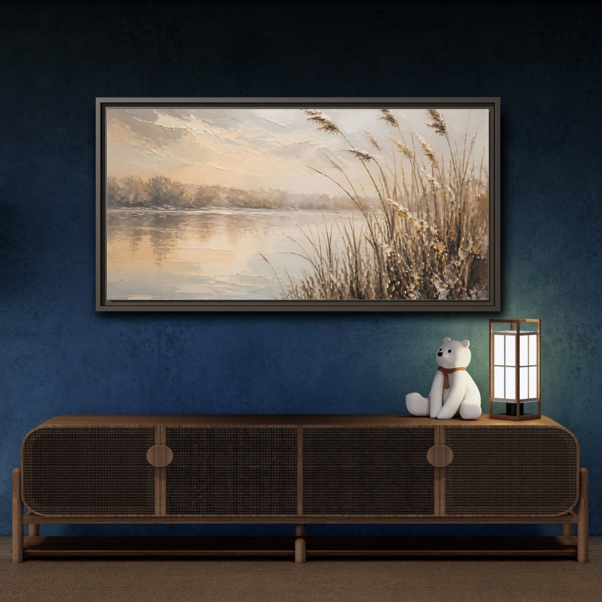 Mockup 4. Nature Water Reeds Brown And Beige shown as stretched canvas wall art