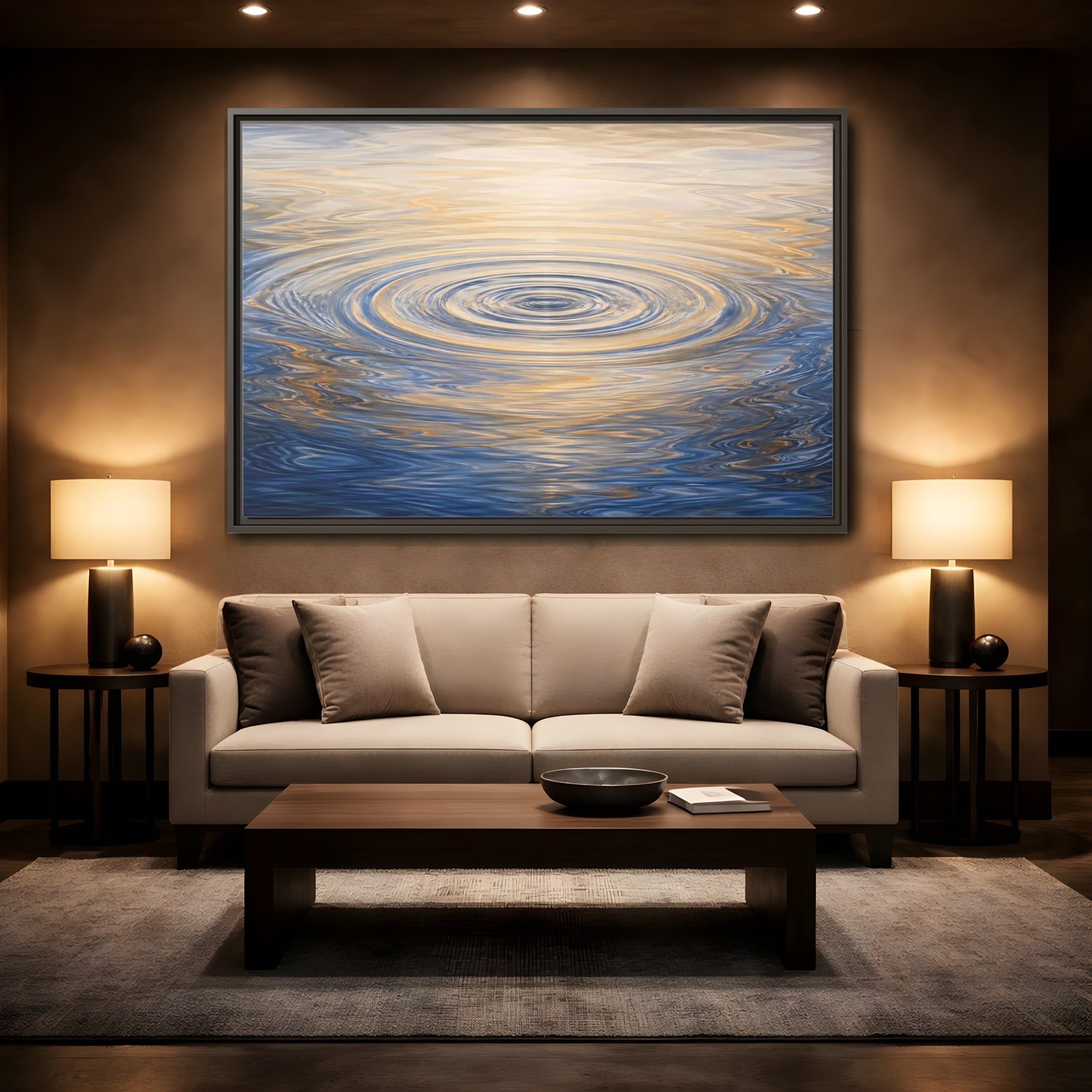 Mockup 2. Nature Water Ripples Blue And Gold Water shown as stretched canvas wall art