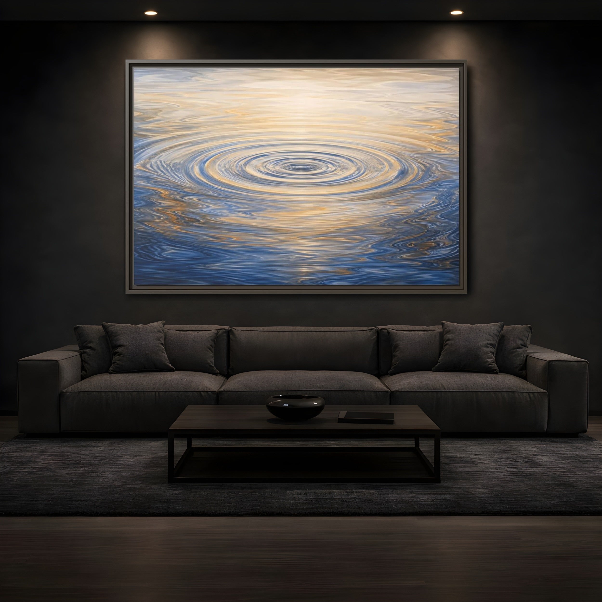 Mockup 3. Nature Water Ripples Blue And Gold Water shown as stretched canvas wall art