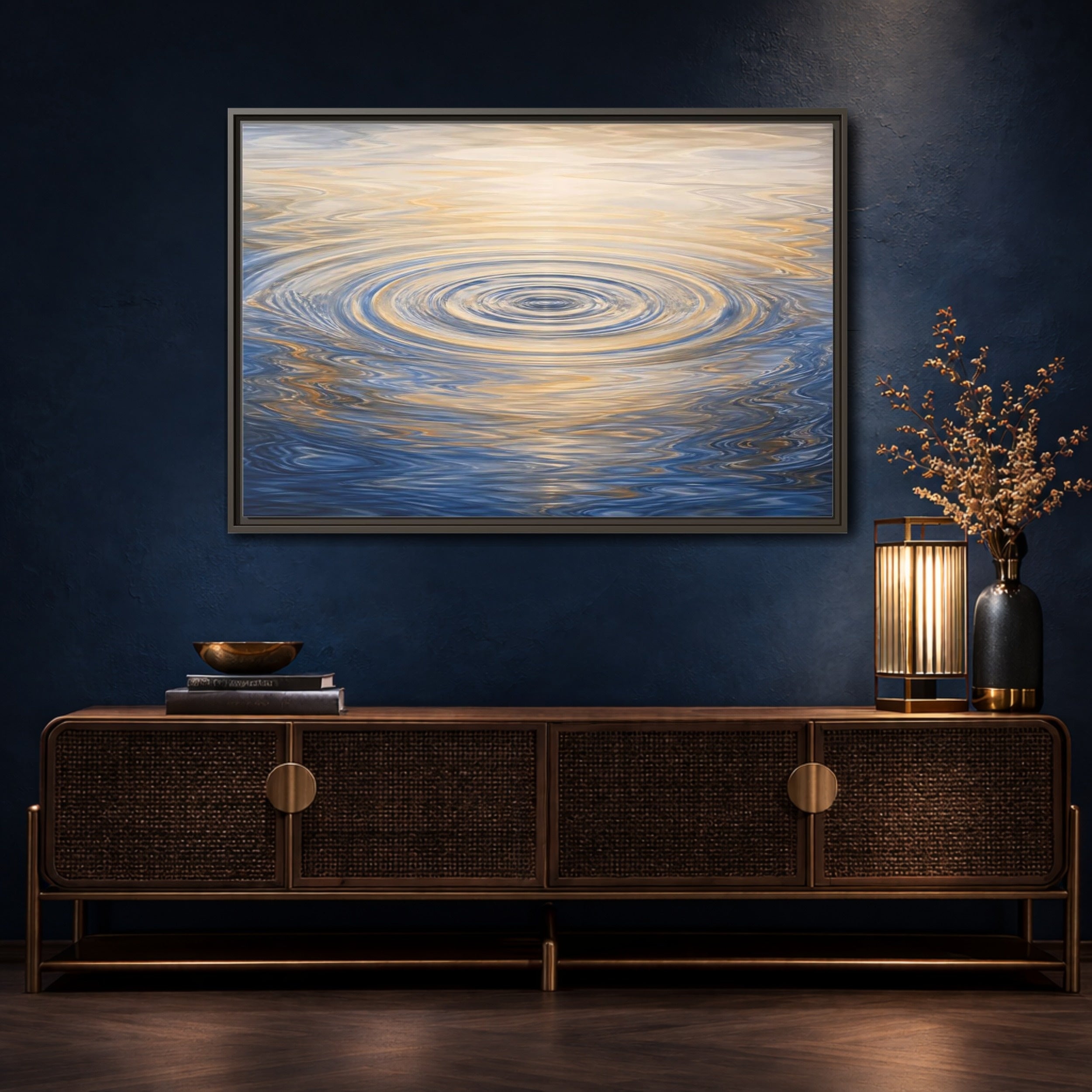 Mockup 4. Nature Water Ripples Blue And Gold Water shown as stretched canvas wall art