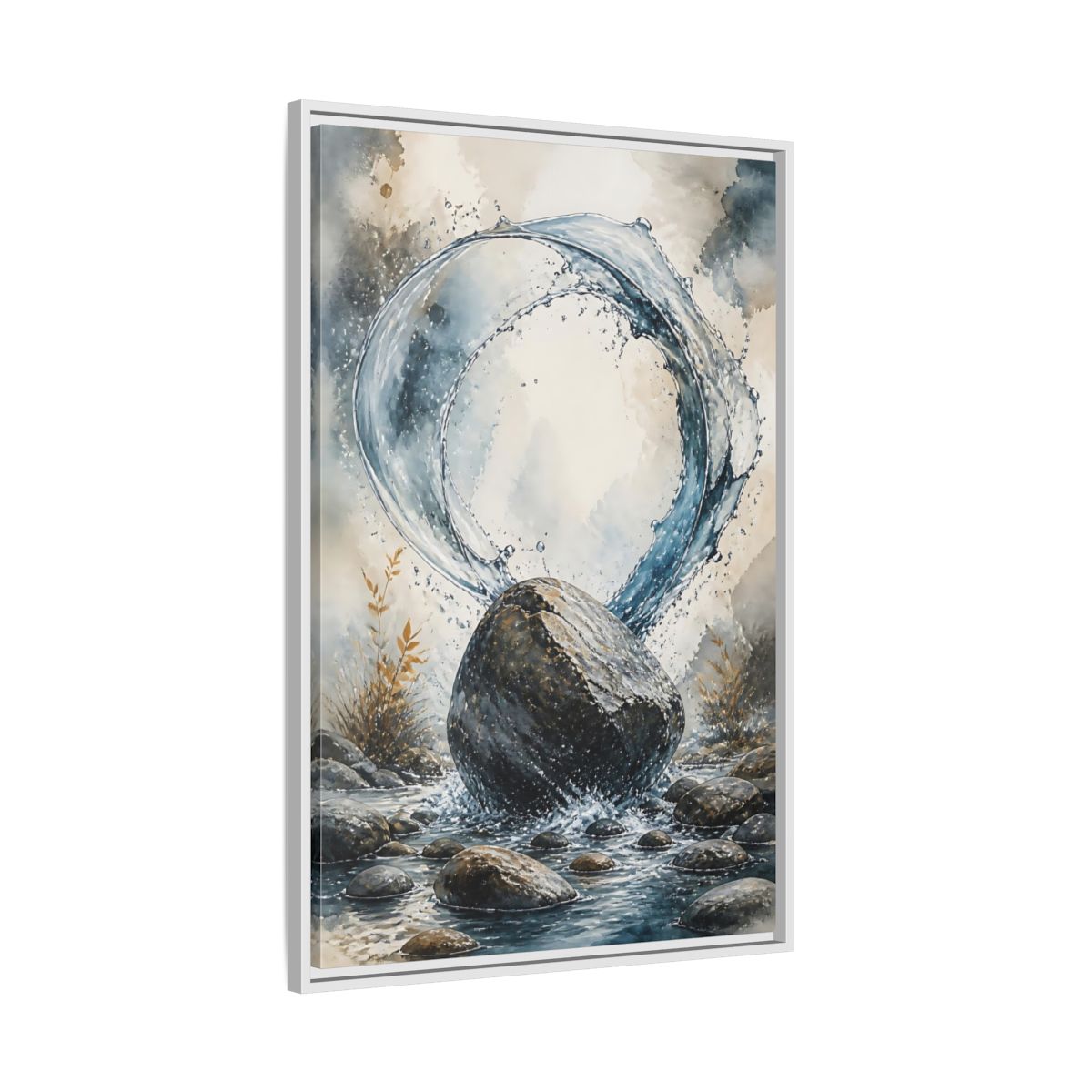 Side Mockup 9. Nature Water Splash Blue Gray Water shown as stretched canvas wall art