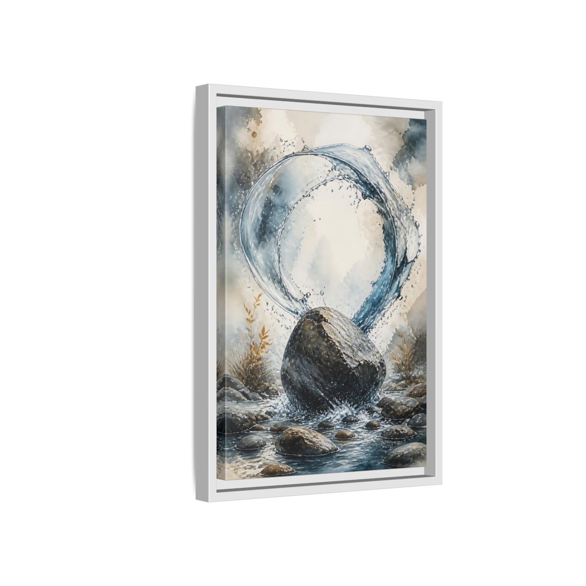 Side Mockup 4. Nature Water Splash Blue Gray Water shown as stretched canvas wall art