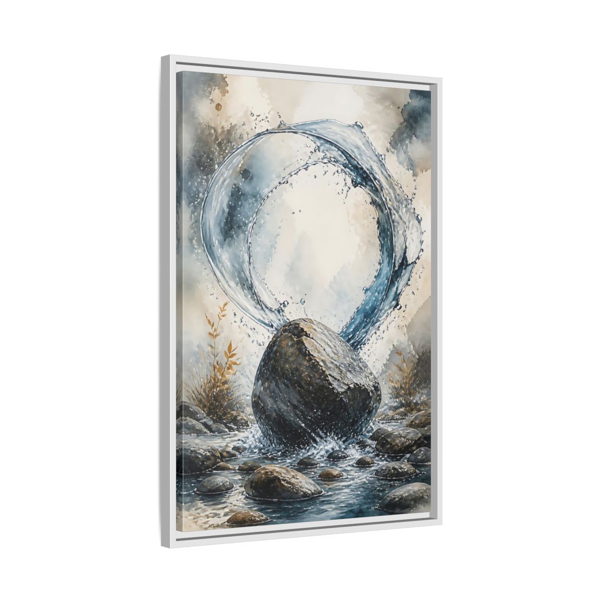 Side Mockup 10. Nature Water Splash Blue Gray Water shown as stretched canvas wall art
