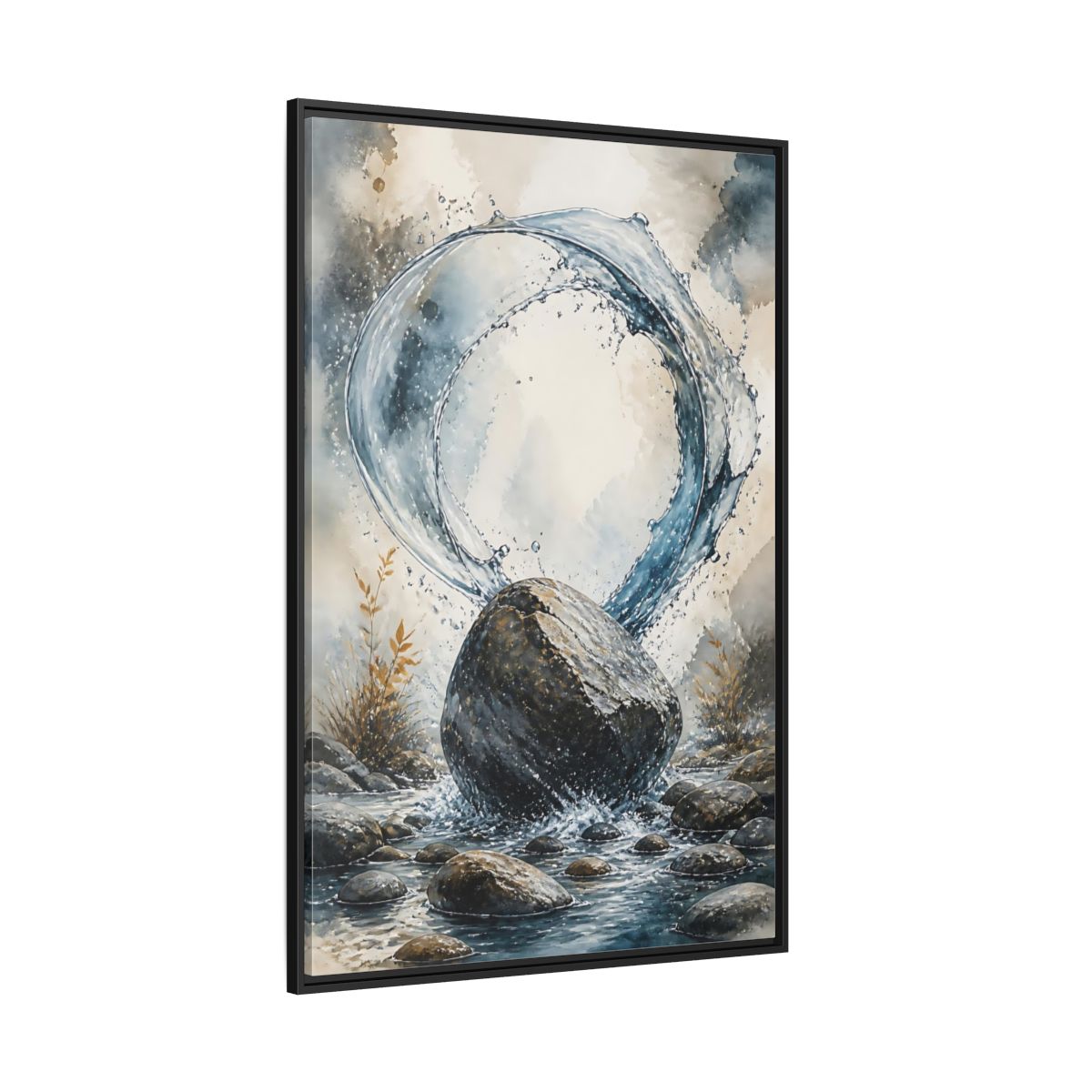 Side Mockup 12. Nature Water Splash Blue Gray Water shown as stretched canvas wall art