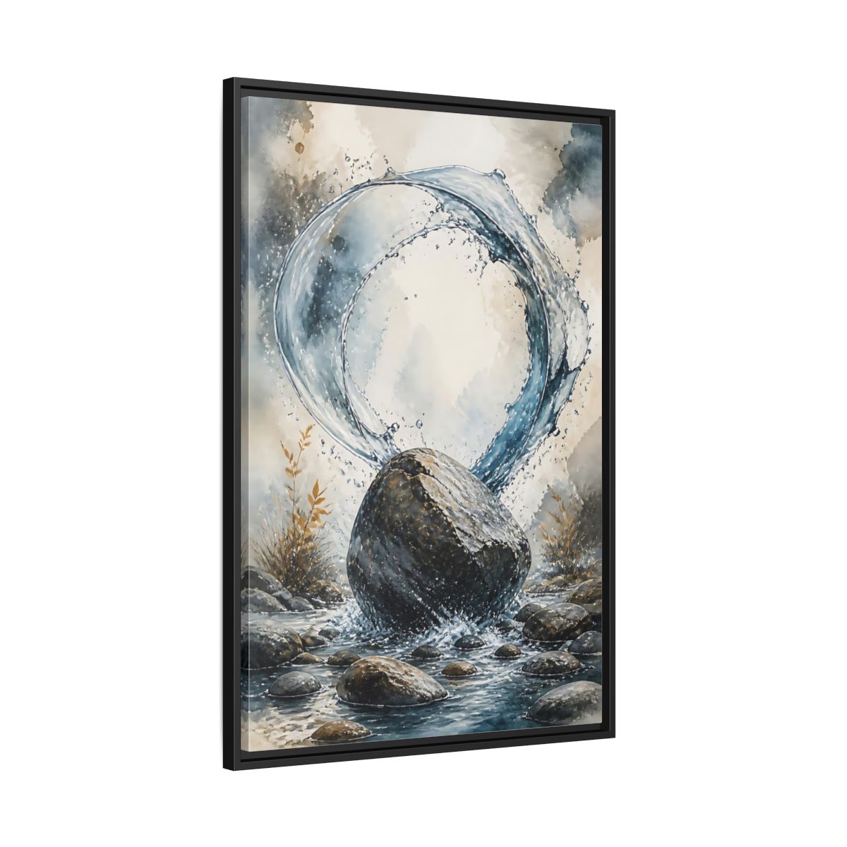 Side Mockup 13. Nature Water Splash Blue Gray Water shown as stretched canvas wall art