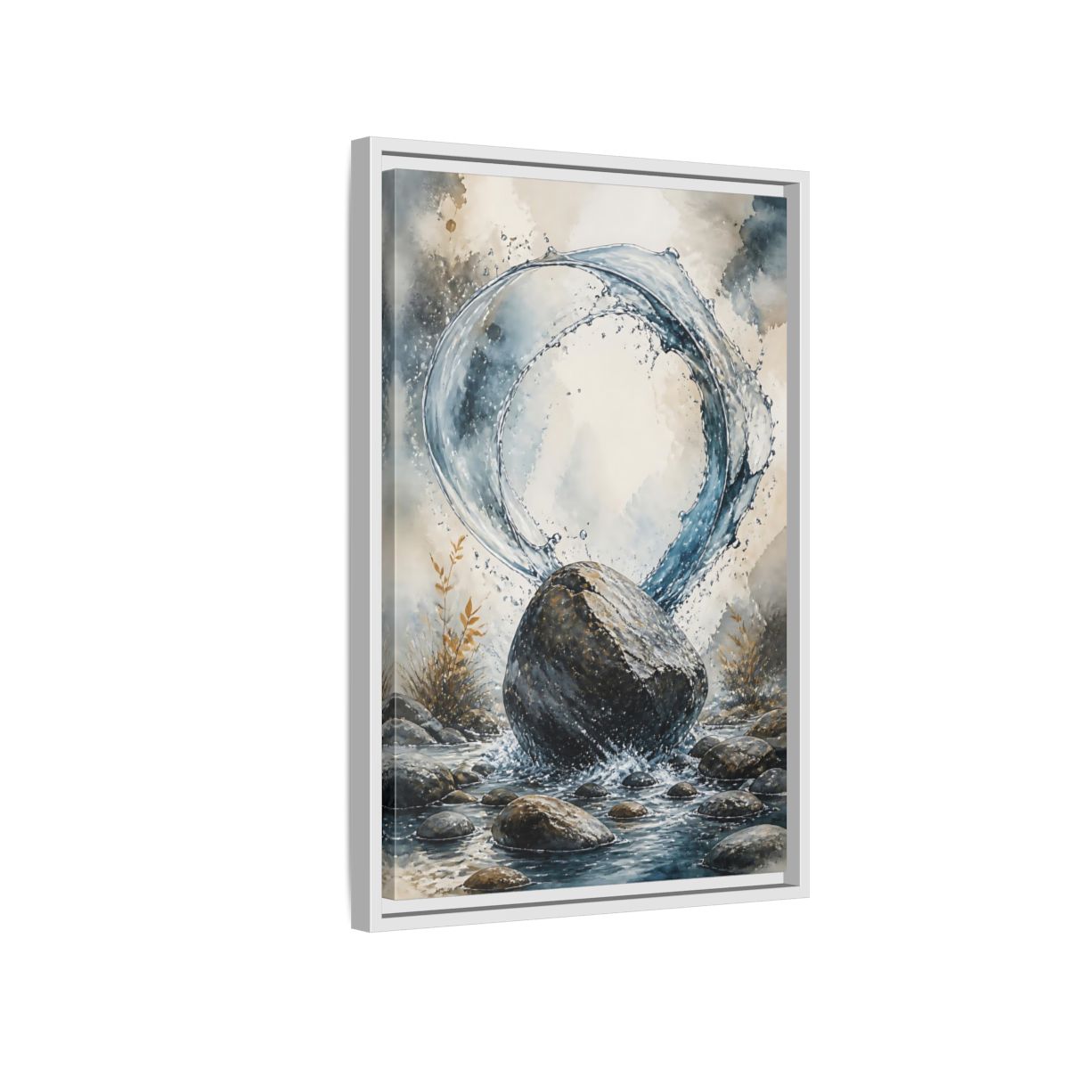 Side Mockup 1. Nature Water Splash Blue Gray Water shown as stretched canvas wall art