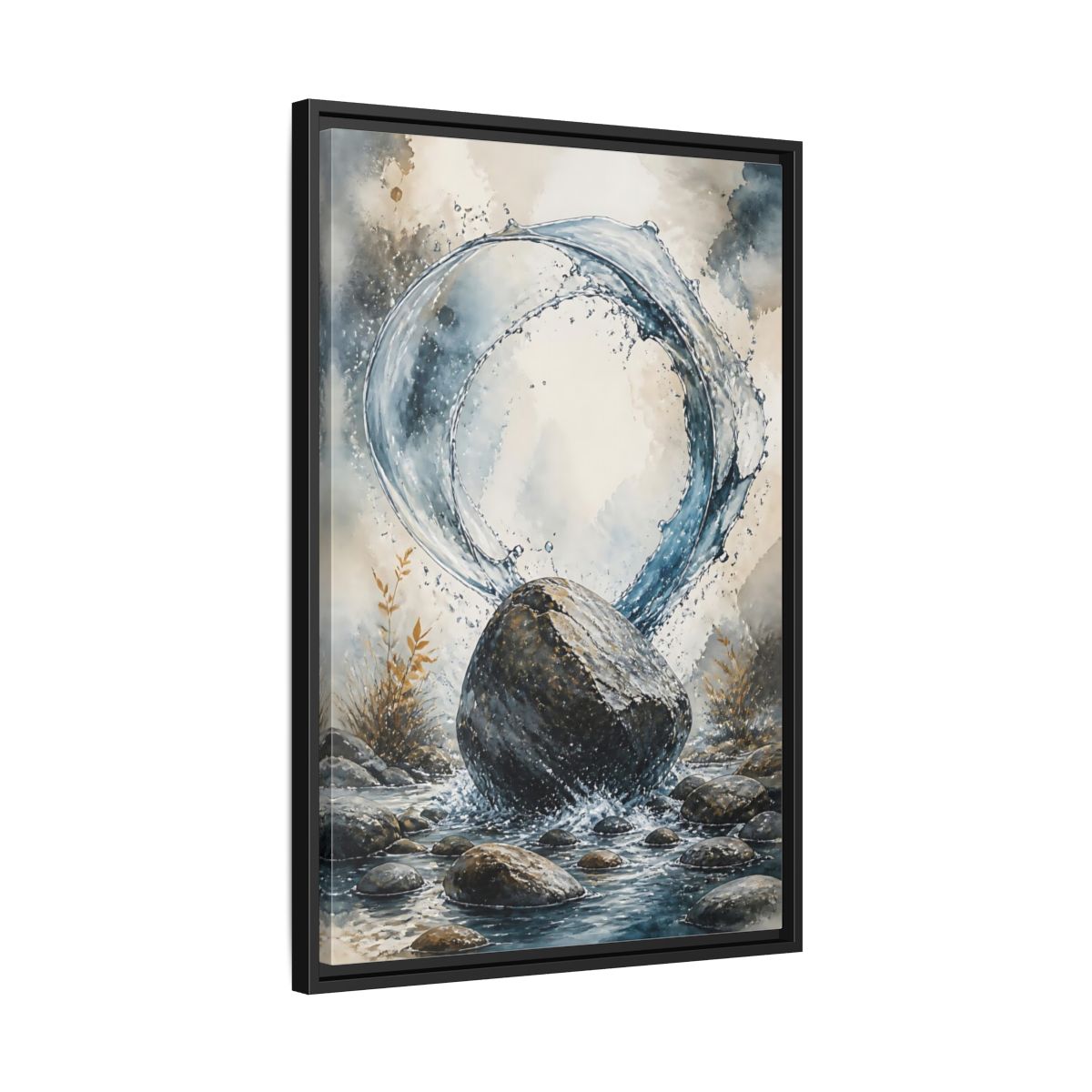 Side Mockup 14. Nature Water Splash Blue Gray Water shown as stretched canvas wall art