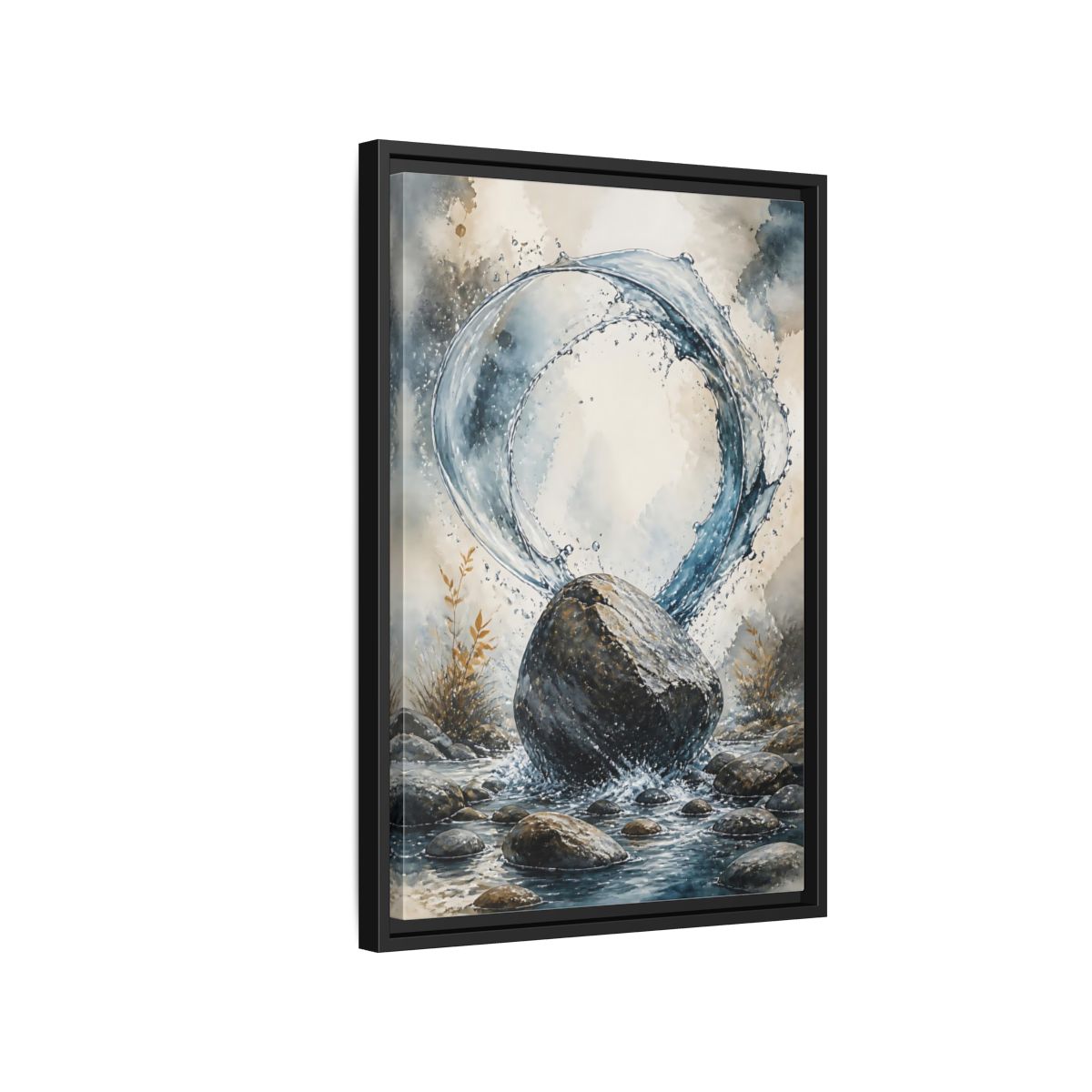 Side Mockup 3. Nature Water Splash Blue Gray Water shown as stretched canvas wall art