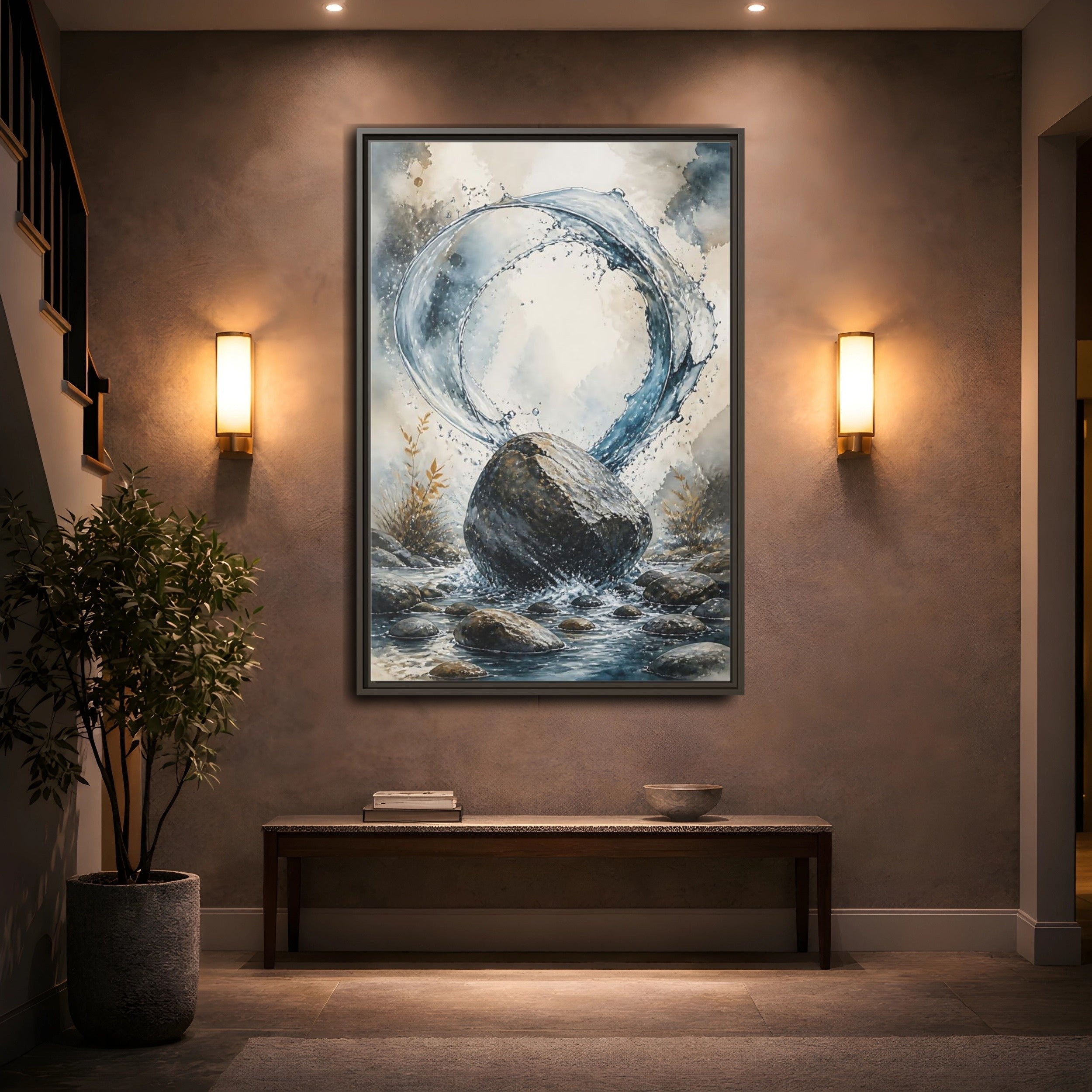 Mockup 2. Nature Water Splash Blue Gray Water shown as stretched canvas wall art