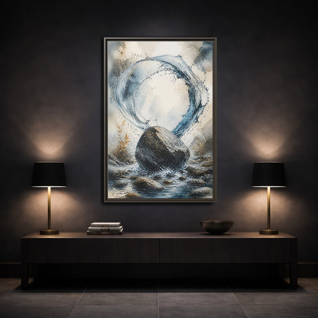 Mockup 3. Nature Water Splash Blue Gray Water shown as stretched canvas wall art
