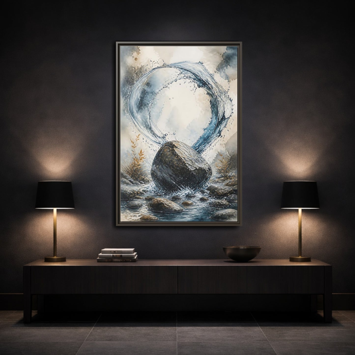Mockup 3. Nature Water Splash Blue Gray Water shown as stretched canvas wall art