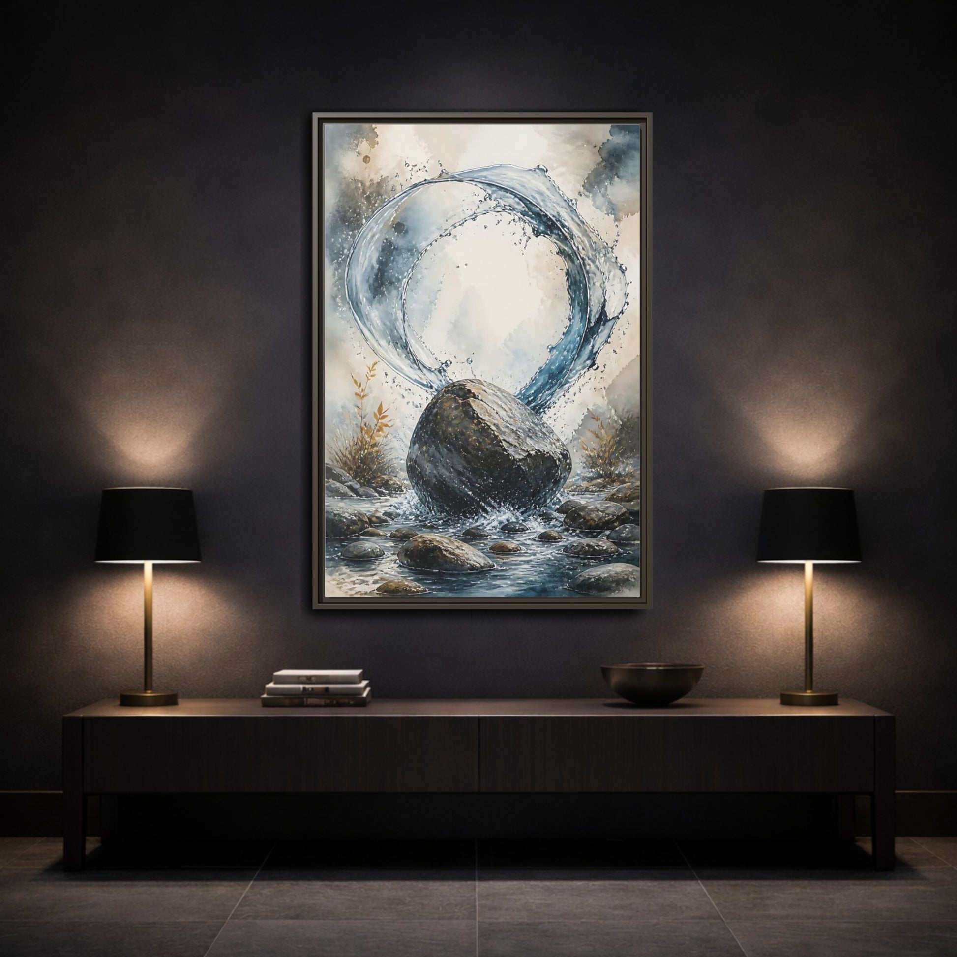 Mockup 3. Nature Water Splash Blue Gray Water shown as stretched canvas wall art