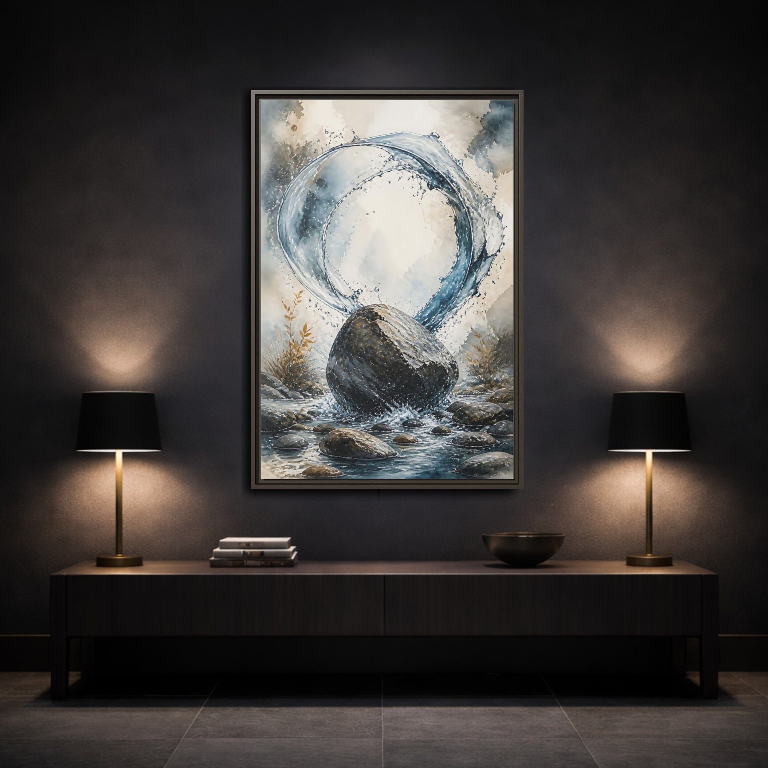 Mockup 3. Nature Water Splash Blue Gray Water shown as stretched canvas wall art