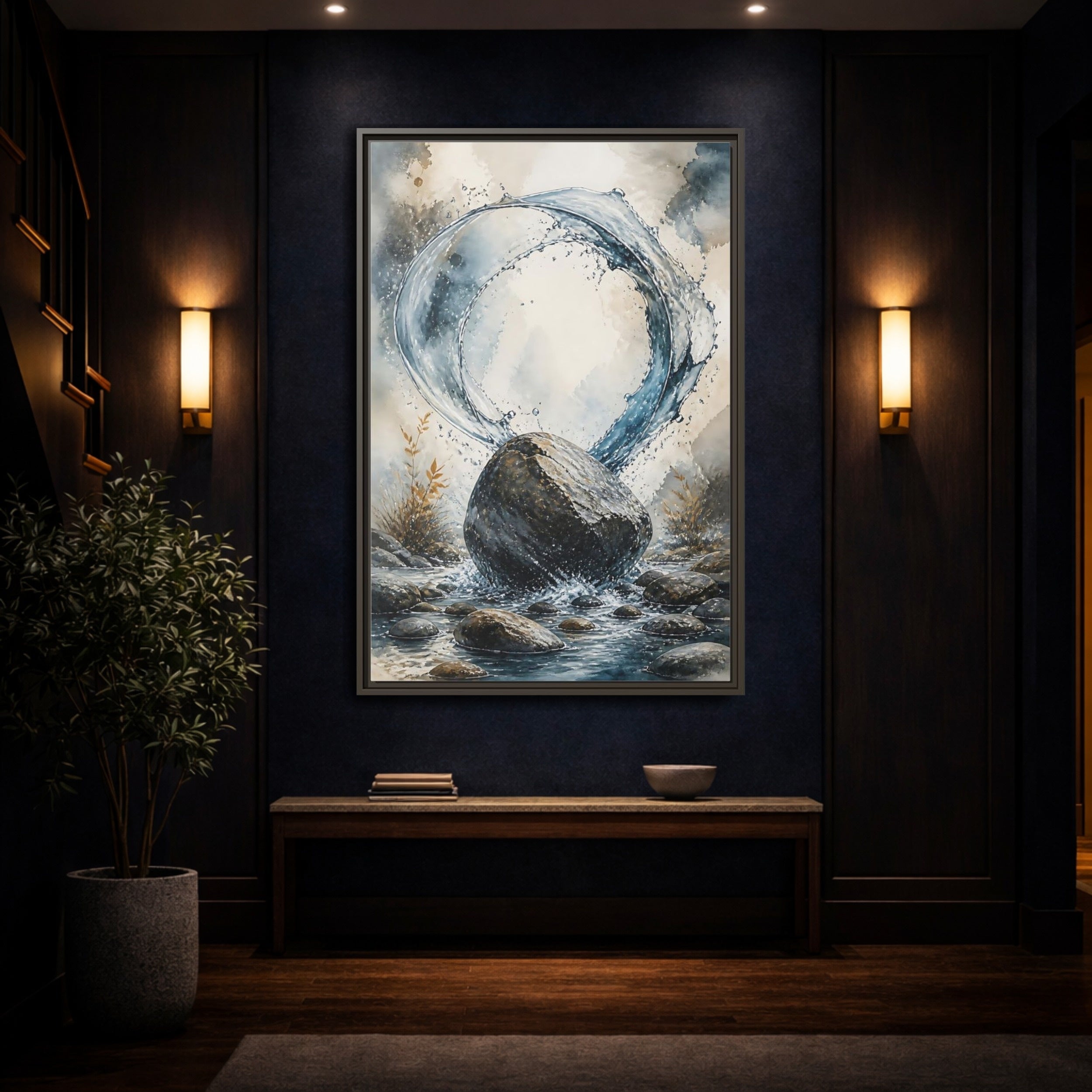 Mockup 4. Nature Water Splash Blue Gray Water shown as stretched canvas wall art