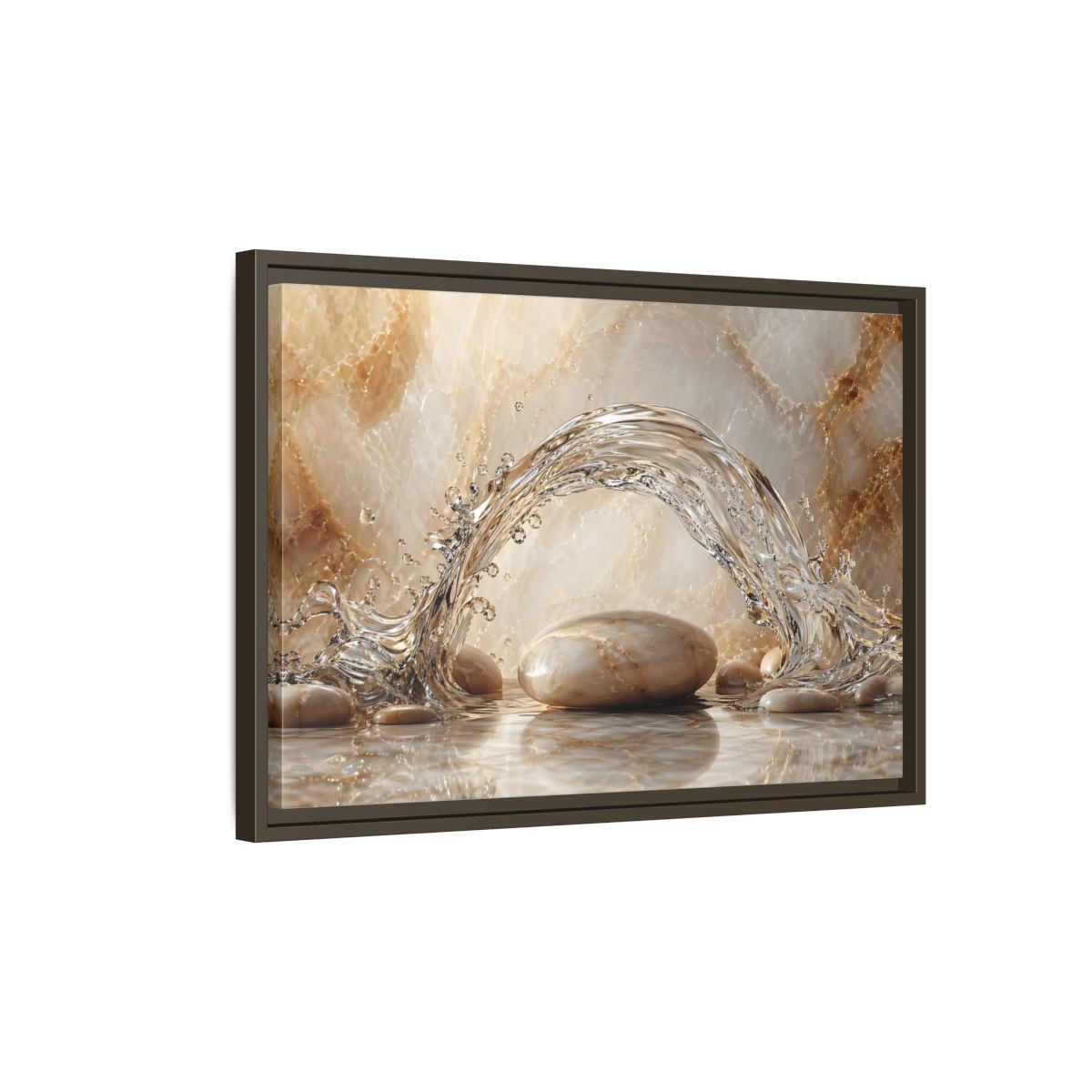 Side Mockup 2. Nature Water Splash Water Stones Beige shown as stretched canvas wall art