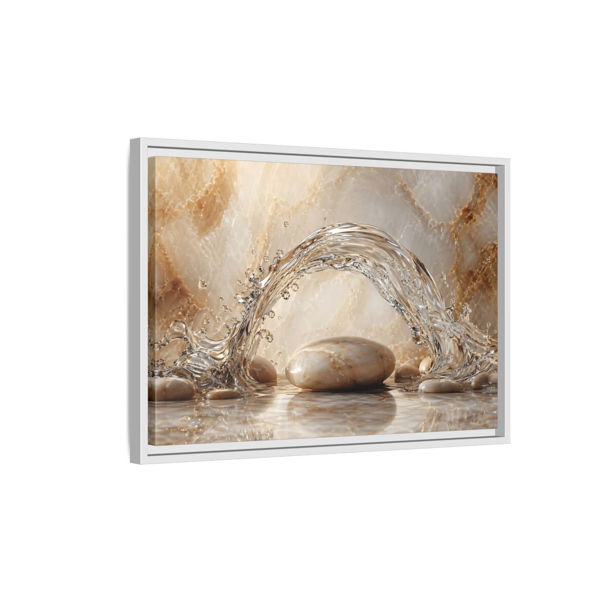Side Mockup 1. Nature Water Splash Water Stones Beige shown as stretched canvas wall art