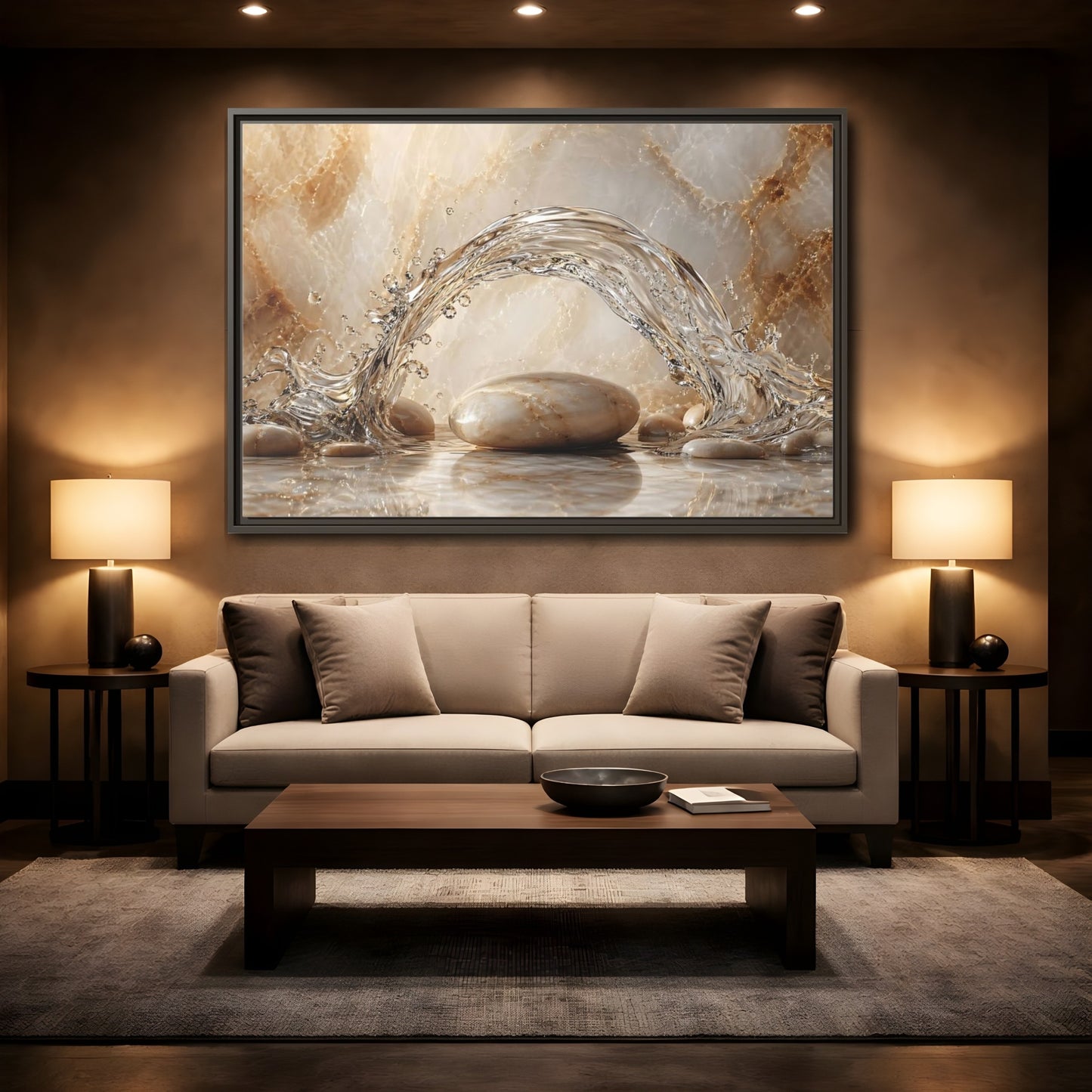 Mockup 2. Nature Water Splash Water Stones Beige shown as stretched canvas wall art