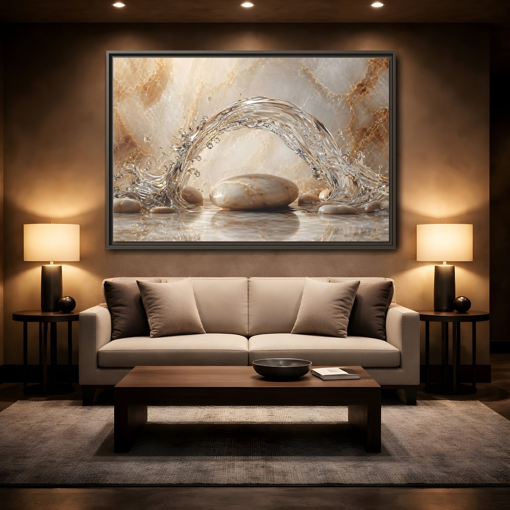 Mockup 2. Nature Water Splash Water Stones Beige shown as stretched canvas wall art