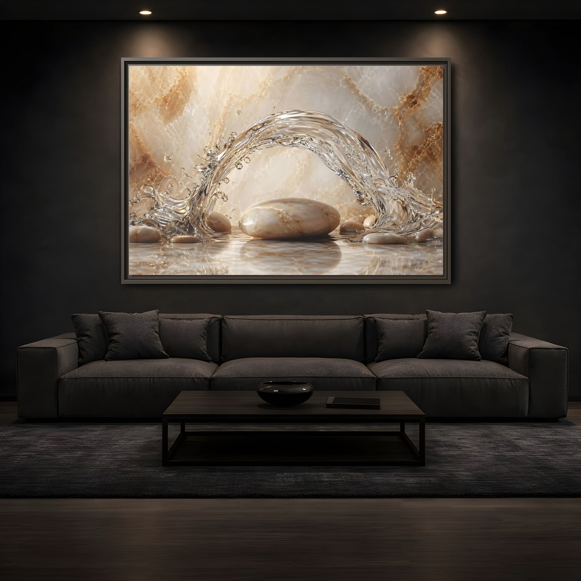 Mockup 3. Nature Water Splash Water Stones Beige shown as stretched canvas wall art
