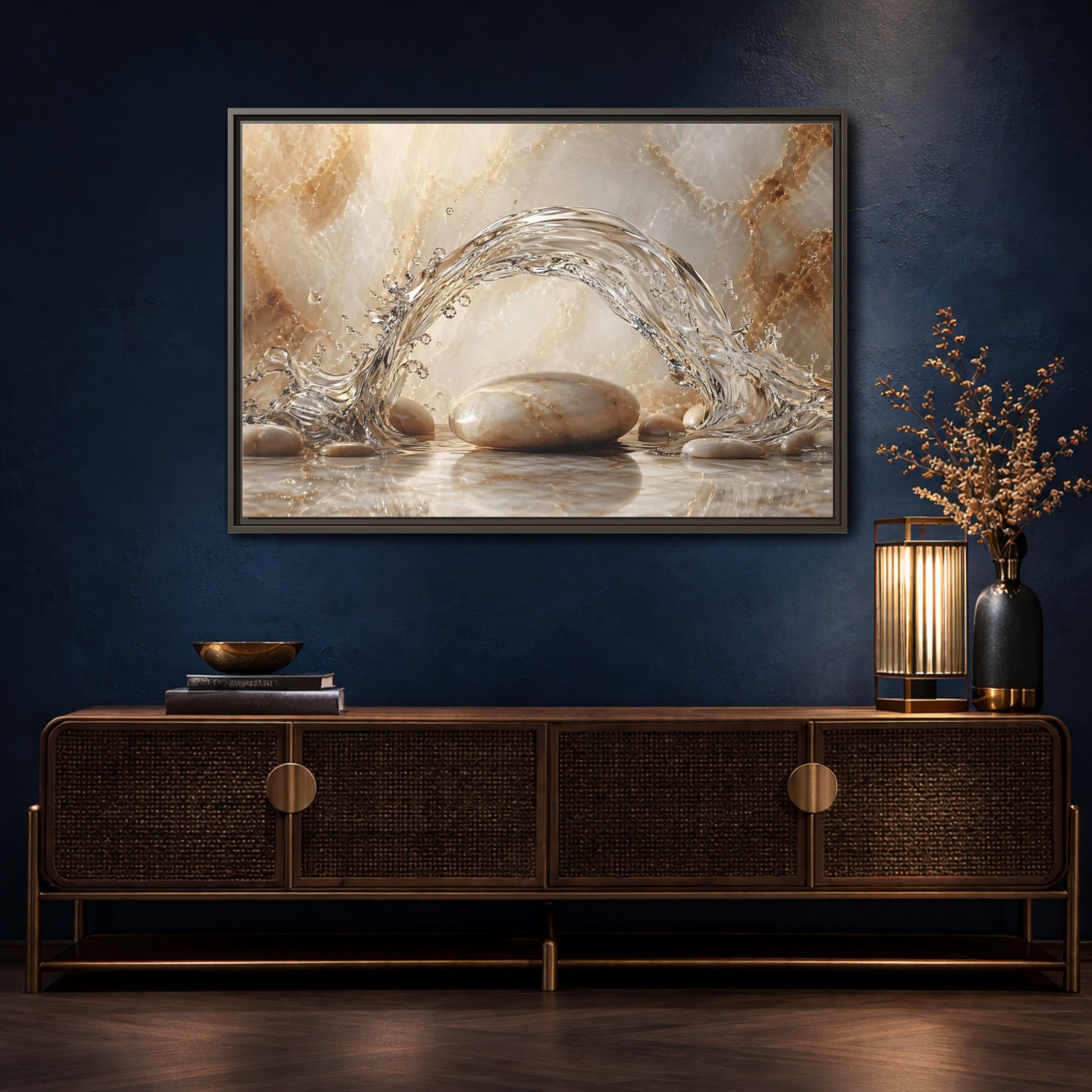 Mockup 4. Nature Water Splash Water Stones Beige shown as stretched canvas wall art