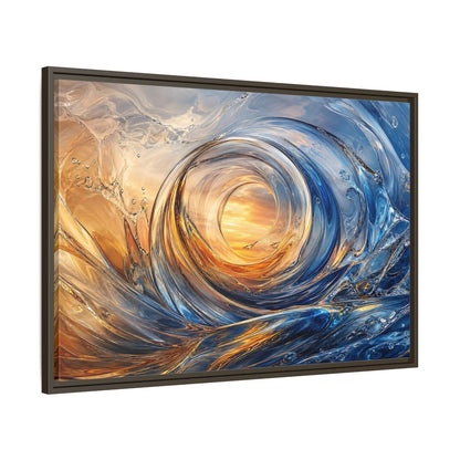 Main Mockup. Nature Water Vortex Blue And Orange Abstract shown as stretched canvas wall art
