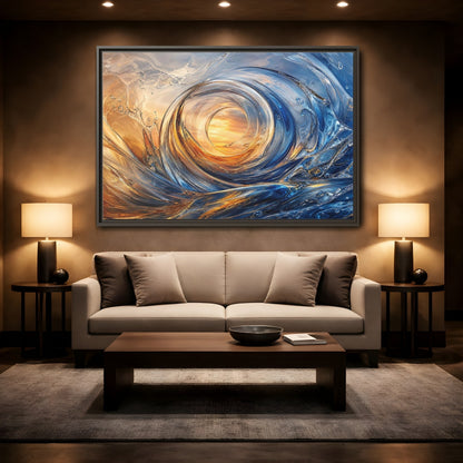 Mockup 2. Nature Water Vortex Blue And Orange Abstract shown as stretched canvas wall art