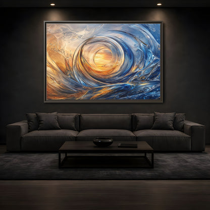 Mockup 3. Nature Water Vortex Blue And Orange Abstract shown as stretched canvas wall art