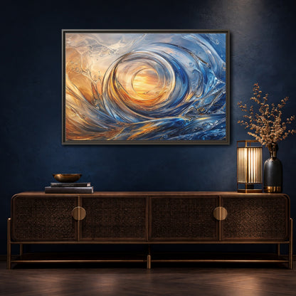 Mockup 4. Nature Water Vortex Blue And Orange Abstract shown as stretched canvas wall art