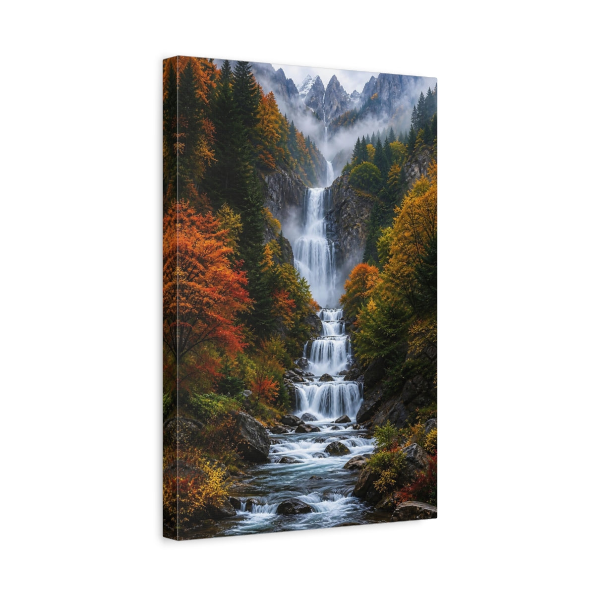 Nature Waterfall Autumn Mountain Canvas Wall Art Print - Realistic Decor for Living Room, Above Console Table shown as canvas wall art