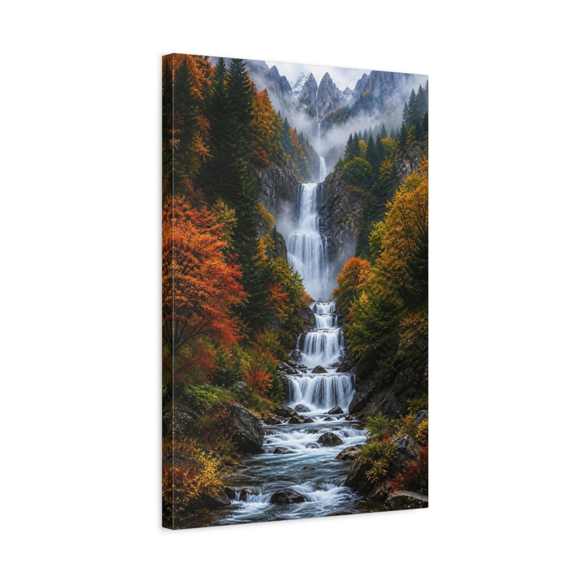 Nature Waterfall Autumn Mountain Canvas Wall Art Print - Realistic Decor for Living Room, Above Console Table shown as canvas wall art