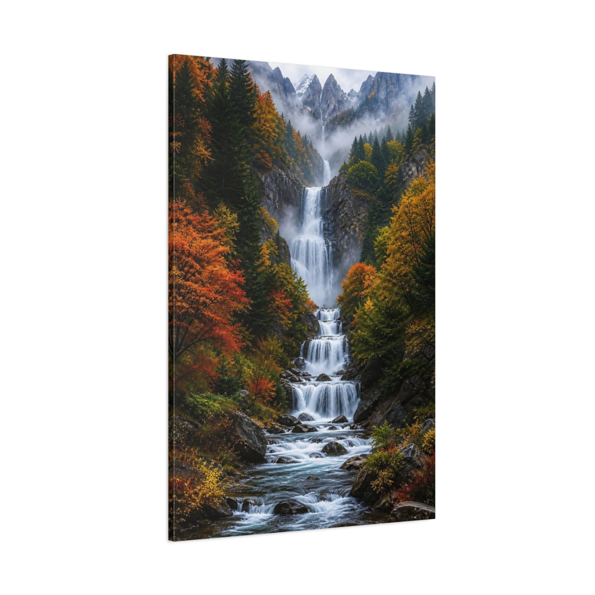 Nature Waterfall Autumn Mountain Canvas Wall Art Print - Realistic Decor for Living Room, Above Console Table shown as canvas wall art