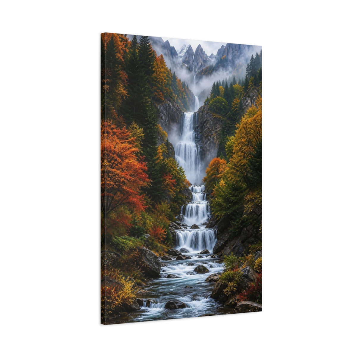 Nature Waterfall Autumn Mountain Canvas Wall Art Print - Realistic Decor for Living Room, Above Console Table shown as canvas wall art