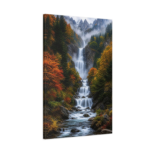 Main Mockup. Nature Waterfall Autumn Mountain Waterfall shown as stretched canvas wall art